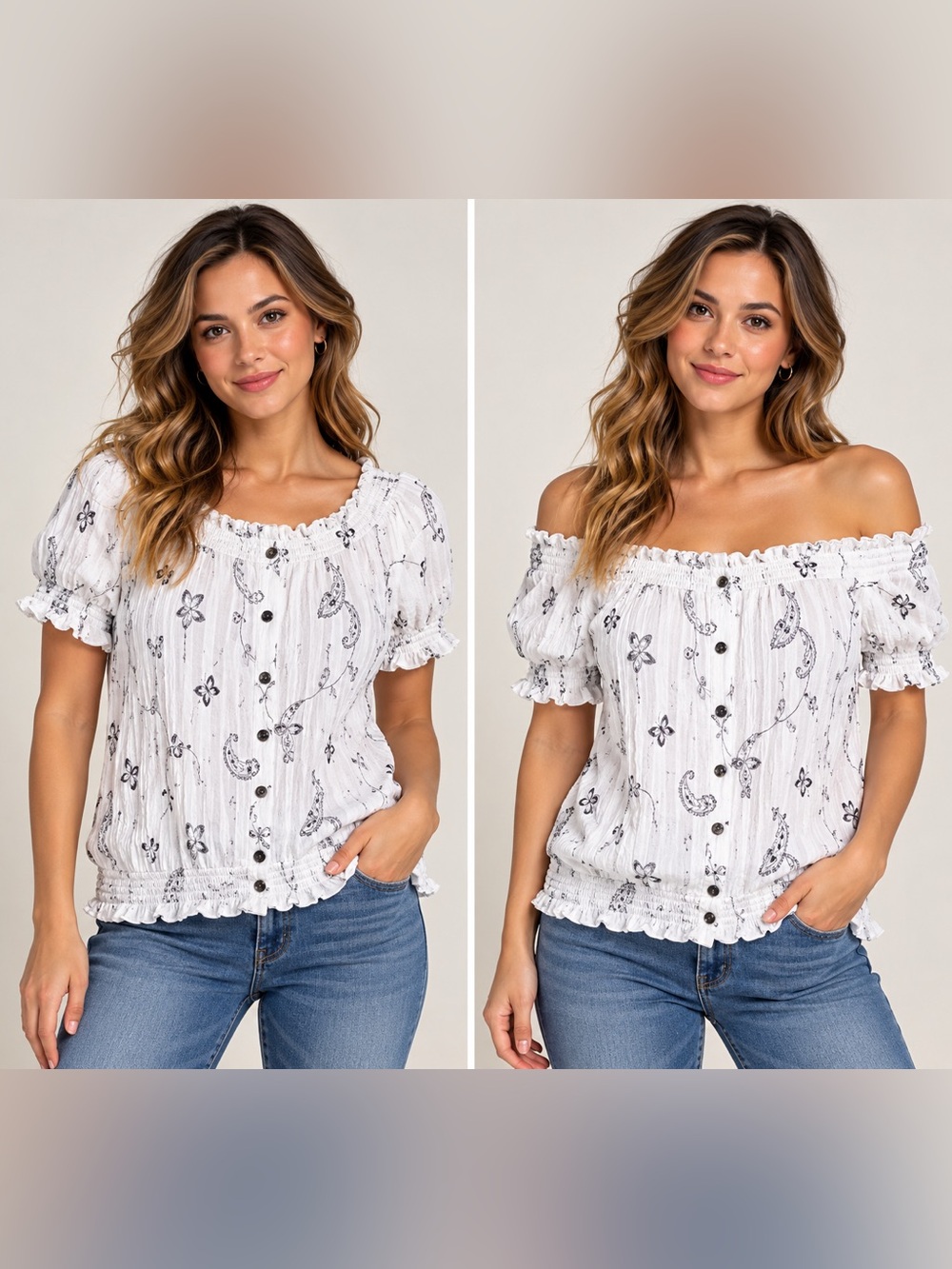 Harvé Benard Size L White Embroidered Smocked Peasant Top Off Shoulder Boho